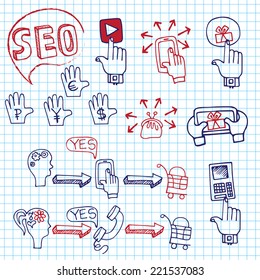 Doodle hand draw scheme main activities related to seo with sketchy icons on Notepaper.Business concept from currency basket,purse. Vector illustration