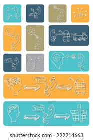 Doodle hand draw scheme main activities related to telephone marketing with sketchy icons .Colored Business concept from currency basket,purse. Vector illustration