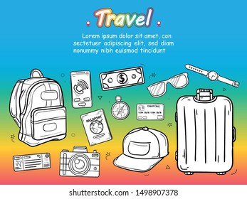 doodle hand draw traveler with luggage. plane check in point travel accessories around the world concept on Background Design. blank space for text and content. 