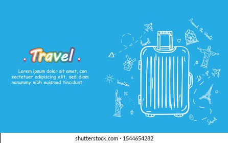 Doodle Hand Draw Traveler With Luggage. Plane Check In Point Travel Accessories Around The World Concept On Background Design. Top World Famous Landmark. Blank Space For Text And Content. 