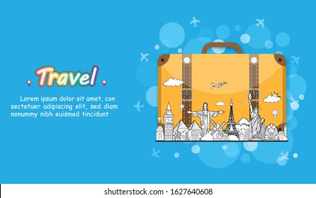 doodle hand draw traveler with luggage. plane check in point travel accessories around the world concept on Background Design. Top world famous landmark. blank space for text and content. 