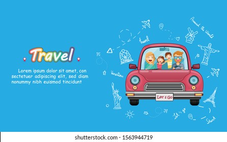 doodle hand draw traveler on red car with check in point travel around the world concept on blue heart background Design. Top world famous landmark.content paper art, vector, banner, Card, Poster,