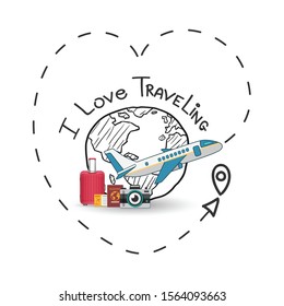 doodle hand draw traveler plane luggage asset with check in point travel around the world concept. set icons. cartoon lettering. Label vector illustration