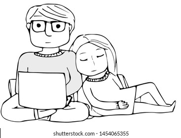 Doodle hand draw vector is couple love concept shows a man or boyfriend sitting and working with laptop or computer and a woman or girlfriend sleeping on his shoulder. They have romantic relationship