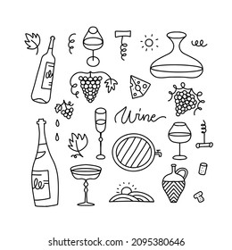 Dibujar a mano elementos de vino sobre fondo blanco. Botellas lineales, gafas, uvas, etc. Colección de ilustraciones de vectores de línea.