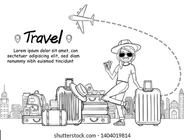 doodle hand draw woman cute cartoon traveler with luggage on white Background travel around the world concept. Hand Draw,