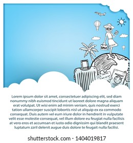 doodle hand draw woman cute cartoon traveler with luggage on blue Background travel around the world concept. Hand Draw,