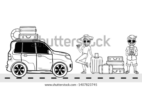 doodle hand draw woman and man car cute cartoon\
traveler with luggage on white Background travel around the world\
concept. Hand Draw,