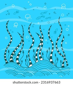 Dibujar mano de garabato con un motivo submarino abstracto. Ilustración de vectores de vida marina
