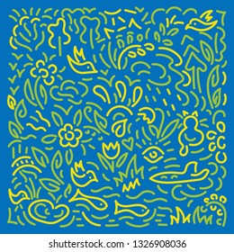 Doodle hand drawing  Background. Flowers, leaves, birds . Vector illustration