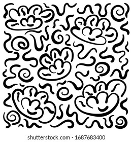 Doodle hand drawing background. Flowers, zigzags. Vector illustration with a brush
