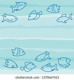Doodle hand drawing background. Frame. Sea, Fish, whales . Vector illustration