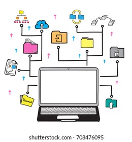 doodle hand drawing concept file management on computer with icon folders. vector illustration.