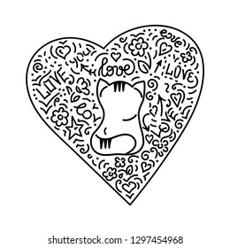 Doodle hand drawing. Cute cat and heart . Vector illustration