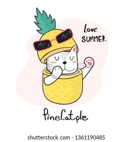 doodle hand drawing cute cat peeking throught a pineapple, pinecatple