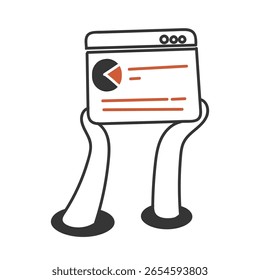 doodle hand drawing hand holding web page with pie chart data