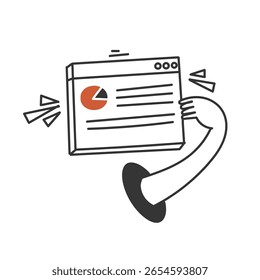 Doodle Dibujo a mano Mano sosteniendo la página de Web con datos de gráfico circular