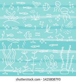 Doodle hand drawing into the waves. Sea life. Monochrome. Simple flat motif . Vector illustration