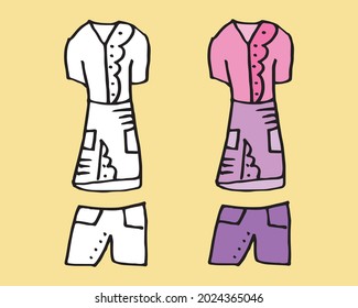 Doodle hand drawing with kid clothes. Vector illustration of lines and coloring pages for kids