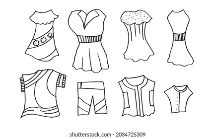 Doodle hand drawing with kid clothes. Vector illustration of lines and coloring pages for kids