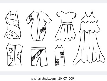 Doodle hand drawing with kid clothes. Vector illustration of lines and coloring pages for kids