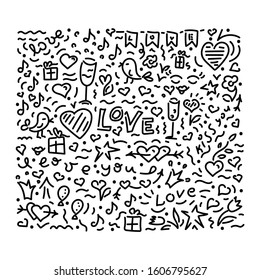 Doodle hand drawing Love background. For Valentine's day on white background. Hearts, arrows, gifts, love inscriptions, flowers and other elements. 