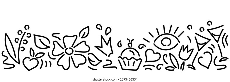 Doodle hand drawing love, hearts, flowers,cupcakes, champagne , design elements on white background. Vector banner, illustration for Birthday, Valentine's Day, anniversary