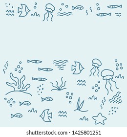 Doodle hand drawing pattern. Sea life. Monochrome. Simple flat motif . Place for your text. Vector illustration