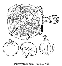 doodle or hand drawing round pizza on the cutting board with tomato, mushroom and onion