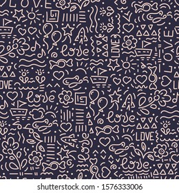 Doodle hand drawing seamless background. Love words, hearts, flowers, abstract elements on white background. Vector illustration. For fabric, wrapping paper, notebook covers, diary, phone cases