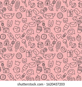 Doodle hand drawing seamless background. Envelopes, birds, ice cream, diamonds, hearts, castle, strawberries, coffee. For fabric, diary, phone cases, wrapping paper, notebook covers