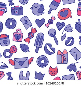Doodle hand drawing seamless background. Envelopes, birds, ice cream, diamonds, hearts, castle, strawberries, coffee. For fabric, diary, phone cases, wrapping paper, notebook covers