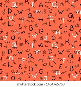 Doodle hand drawing. Seamless pattern. Black and white Letters on coral background. Vector illustration