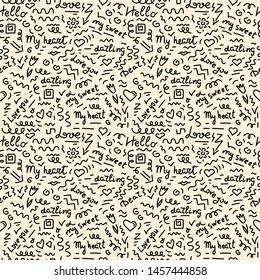 Doodle hand drawing seamless pattern. Words, phrases about love, hearts on white background. Vector illustration. For fabric, wrapping paper, notebook covers, diary, cover