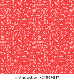 Doodle hand drawing seamless pattern. Words, phrases of love in Spanish, hearts, arrows, flowers, squiggles on a red background. Vector illustration. For fabric, wrapping paper, Wallpaper, background