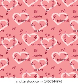 Doodle hand drawing seamless pattern on pink background . Words, phrases of love in Spanish, hearts, arrows, flowers, squiggles. Vector illustration.