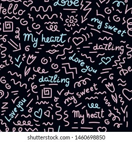 Doodle hand drawing seamless pattern on dark background . Pink and blue Words, phrases of love,  hearts, arrows, flowers, squiggles. Vector illustration