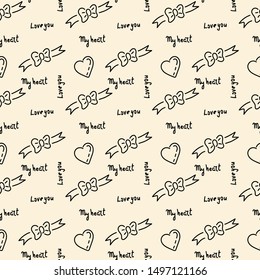 Doodle hand drawing seamless pattern. Words, phrases about love, hearts ribbon, bows . Vector illustration. For fabric, wrapping paper, notebook covers, diary cover