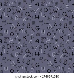Doodle-Handzeichnung. Nahtloses Muster. Buchstaben verschiedener Farben auf dunklem Hintergrund. Vektorgrafik.
