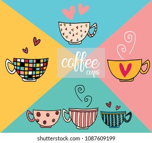 doodle hand drawing set of coffee cups in different pattern designs on multicoloured pastel background