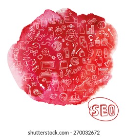 Doodle hand drawing  sketchy seo  icons composition in watercolor red stein background.Business concept . Vector illustration