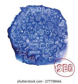 Doodle hand drawing  sketchy seo  icons composition in watercolor blue stein background.Business concept . Vector illustration