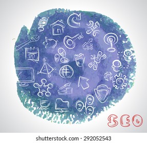 Doodle hand drawing sketchy seo icons composition in watercolor blue ink stein background.Business concept . Vector circle illustration