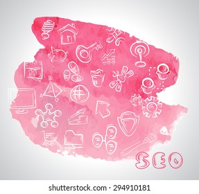 Doodle hand drawing sketchy seo icons composition in watercolor pink ink stein background.Business concept . Vector circle illustration