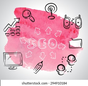 Doodle hand drawing sketchy seo icons composition in watercolor pink ink stein background.Business concept . Vector circle illustration