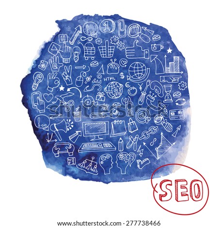 Doodle hand drawing  sketchy seo  icons composition in watercolor blue stein background.Business concept . Vector illustration