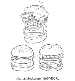 doodle or hand drawing tasty burger set