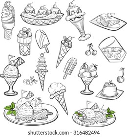 Doodle, Hand drawing, vector ice cream set