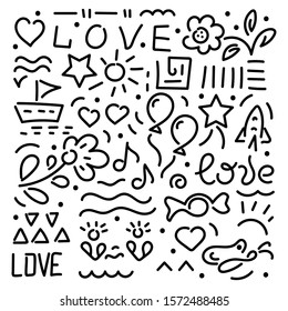 Doodle hand drawing vector illustration. Words of love, hearts, flowers, stars, balloons, design elements on a white background.