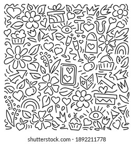 Doodle hand drawing vector illustration. Hearts, flowers, stars, cupcake, gifts, design elements on a white background.